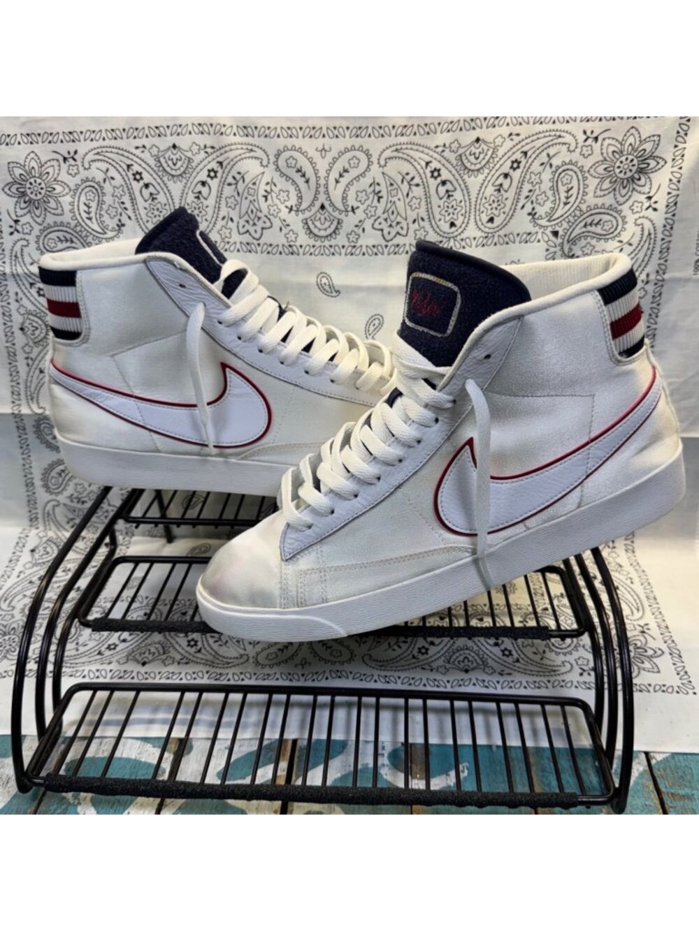 Nike Blazer Mid Satin Jacket Sneakers Lifestyle Retro White/Red/Blue Women Sz 10